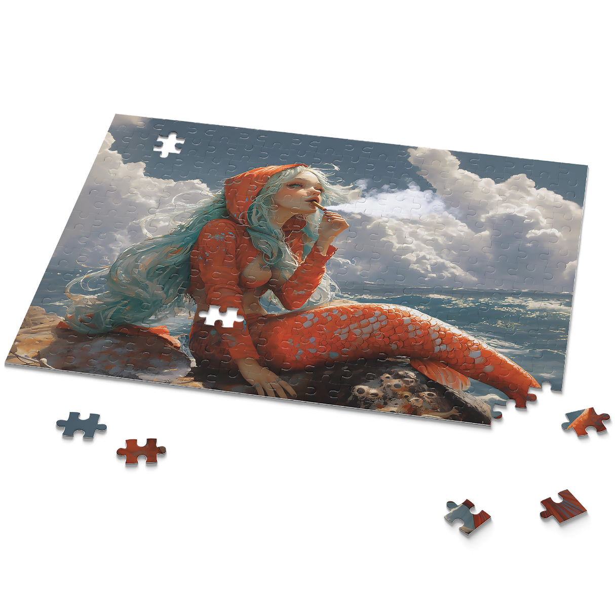 Mermaid Getting Stoned Jigsaw Puzzle – 120, 252, or 500 Pieces | Smoking Mermaid Gift for Stoners | Fantasy Puzzle