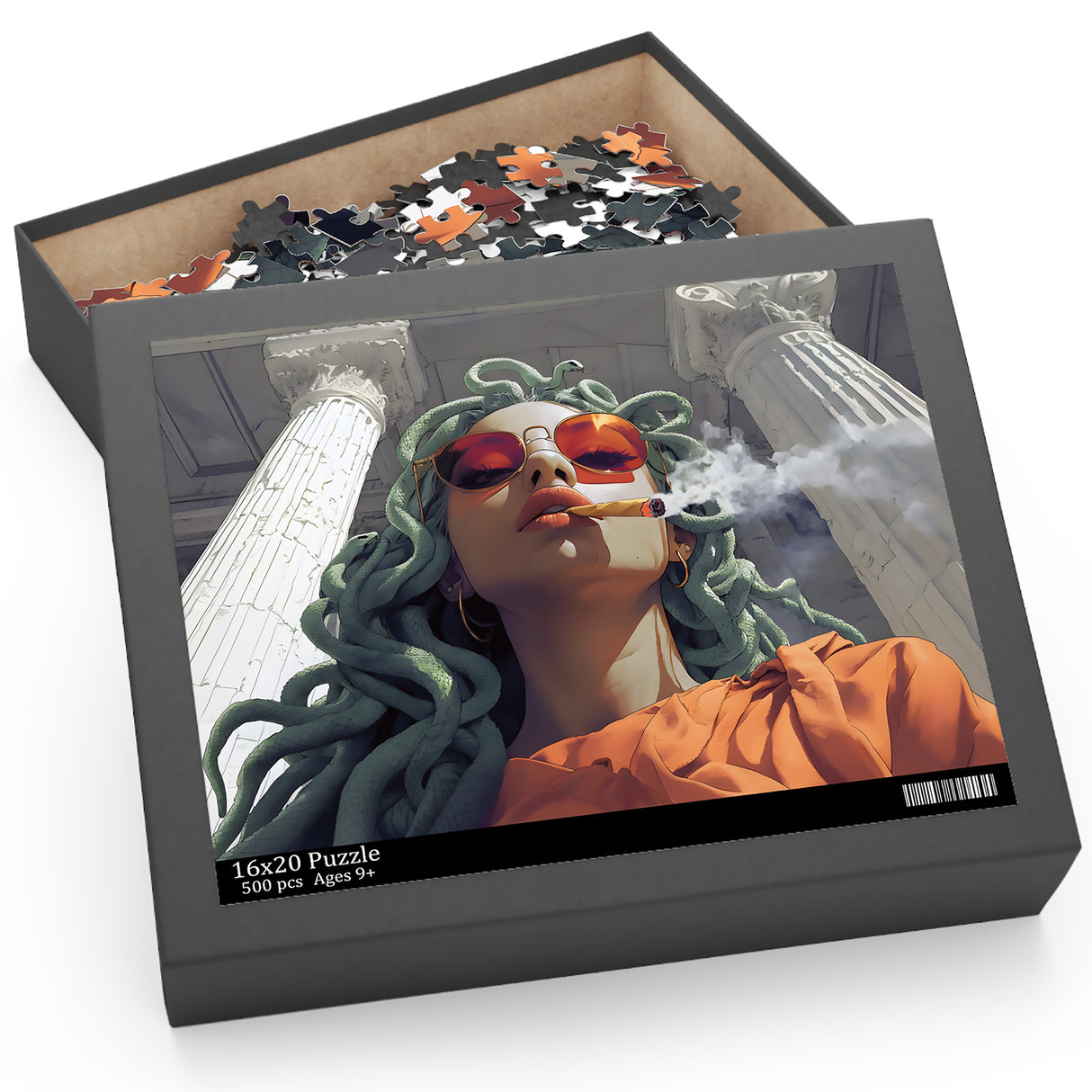 Medusa Stoned Jigsaw Puzzle – Smoking Medusa Art – 120, 252, 500 Pieces – Medusa Gift