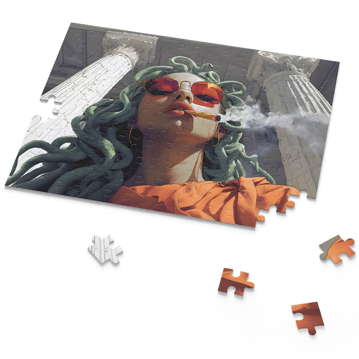 Medusa Stoned Jigsaw Puzzle – Smoking Medusa Art – 120, 252, 500 Pieces – Medusa Gift