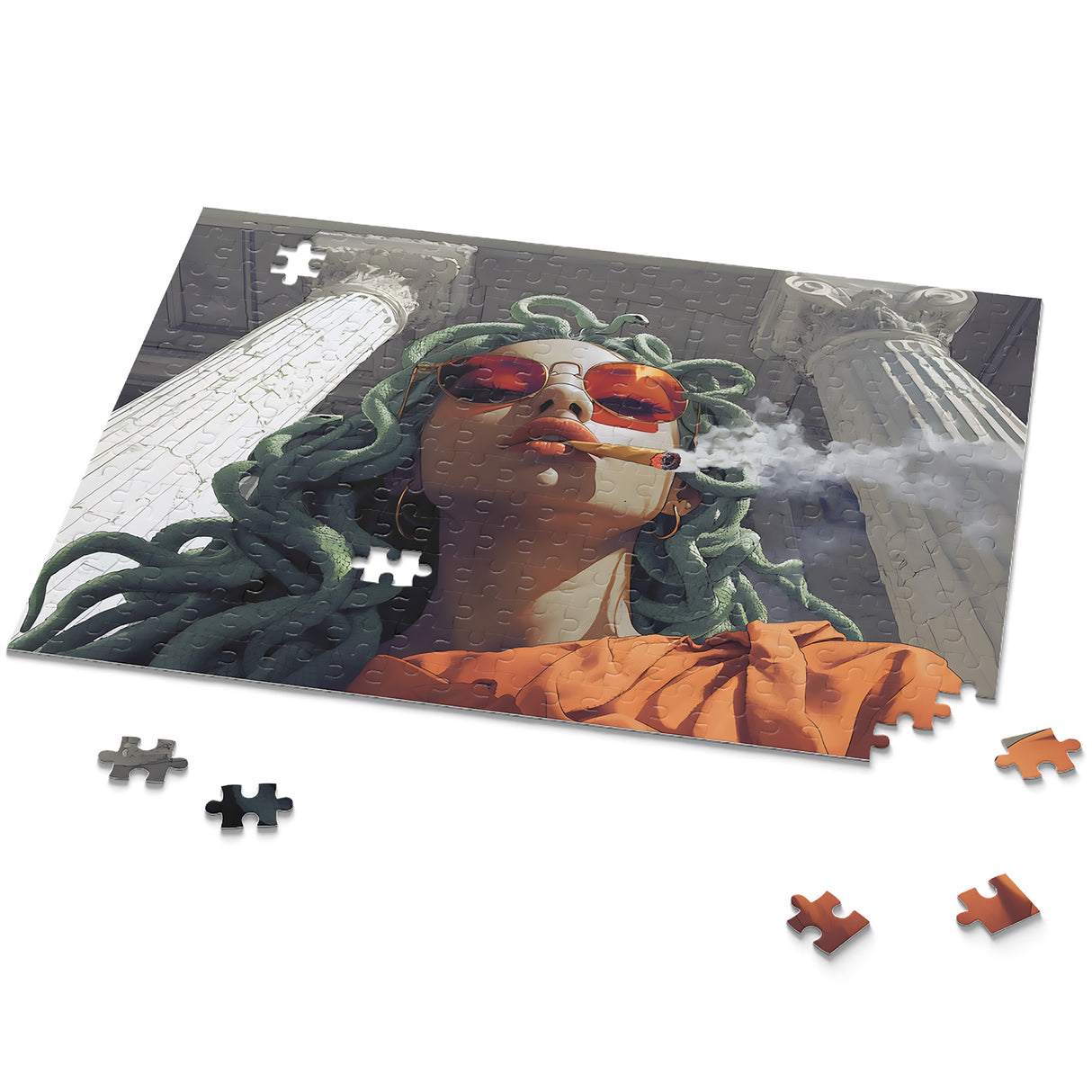 Medusa Stoned Jigsaw Puzzle – Smoking Medusa Art – 120, 252, 500 Pieces – Medusa Gift