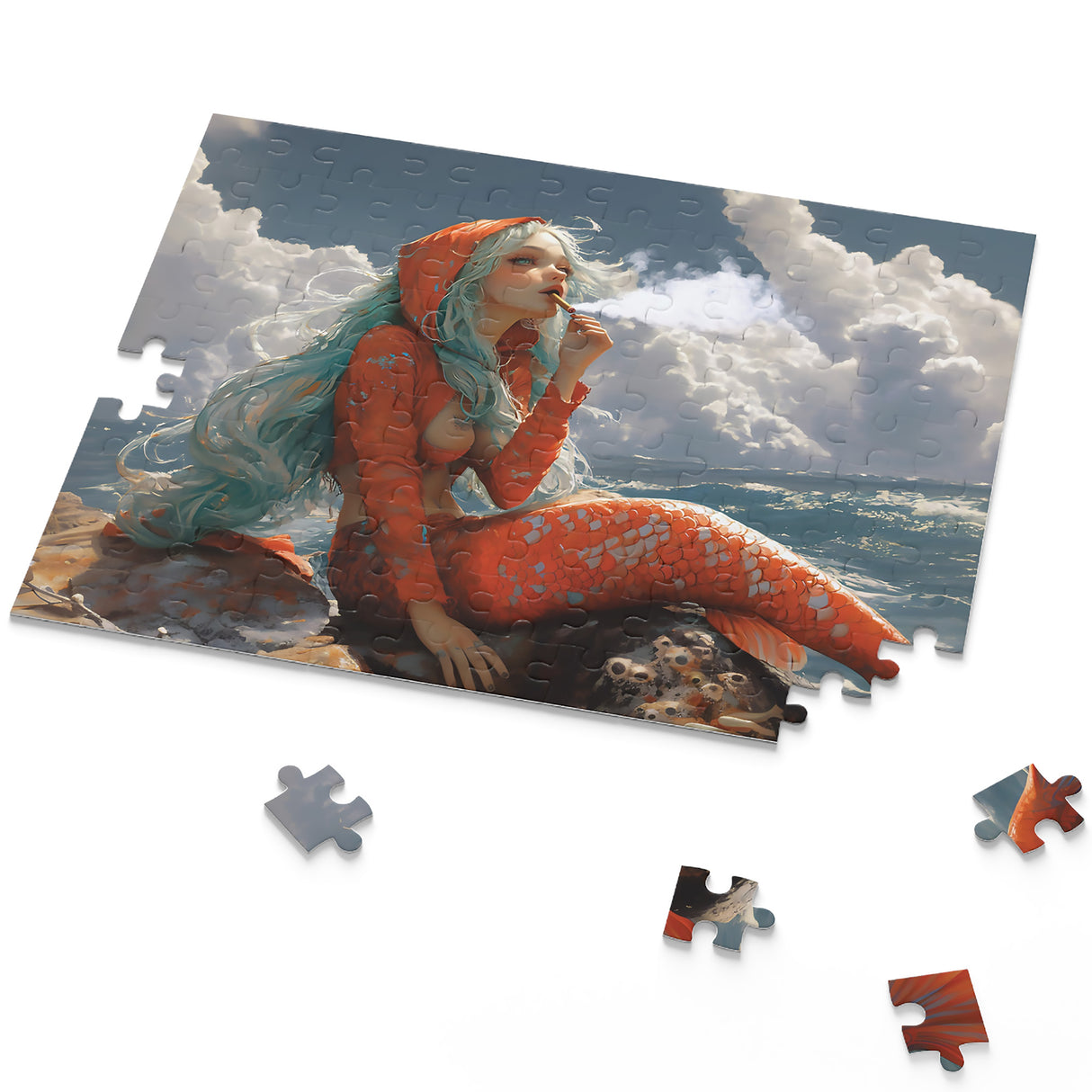 Mermaid Getting Stoned Jigsaw Puzzle – 120, 252, or 500 Pieces | Smoking Mermaid Gift for Stoners | Fantasy Puzzle