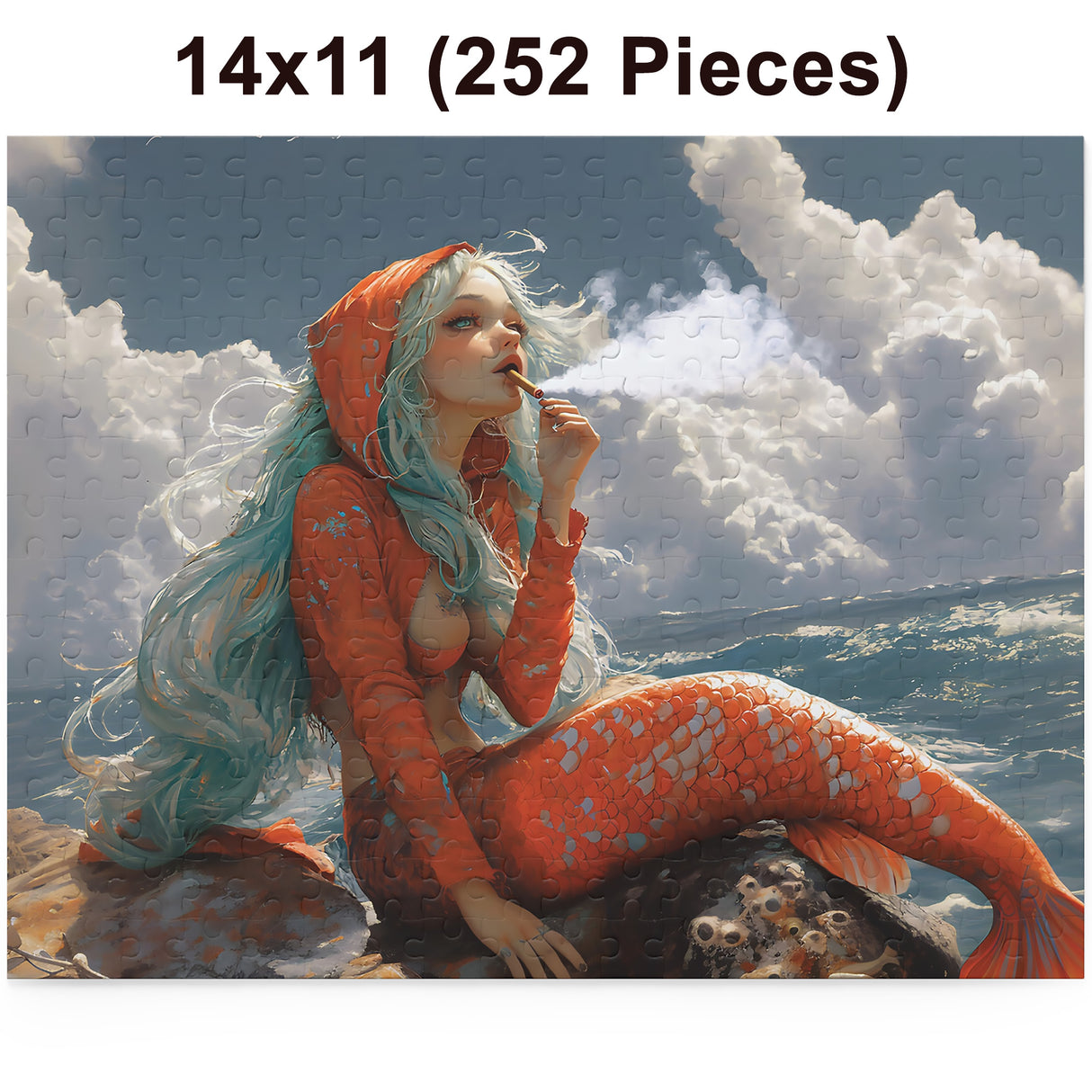 Mermaid Getting Stoned Jigsaw Puzzle – 120, 252, or 500 Pieces | Smoking Mermaid Gift for Stoners | Fantasy Puzzle