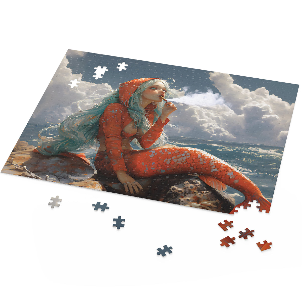 Mermaid Getting Stoned Jigsaw Puzzle – 120, 252, or 500 Pieces | Smoking Mermaid Gift for Stoners | Fantasy Puzzle