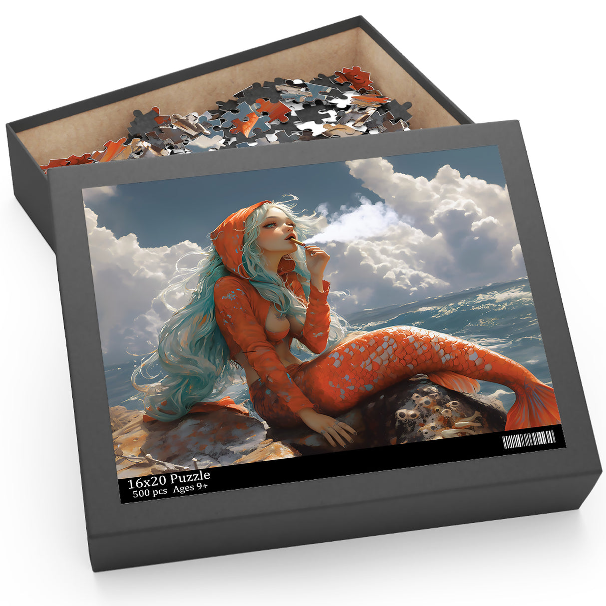Mermaid Getting Stoned Jigsaw Puzzle – 120, 252, or 500 Pieces | Smoking Mermaid Gift for Stoners | Fantasy Puzzle