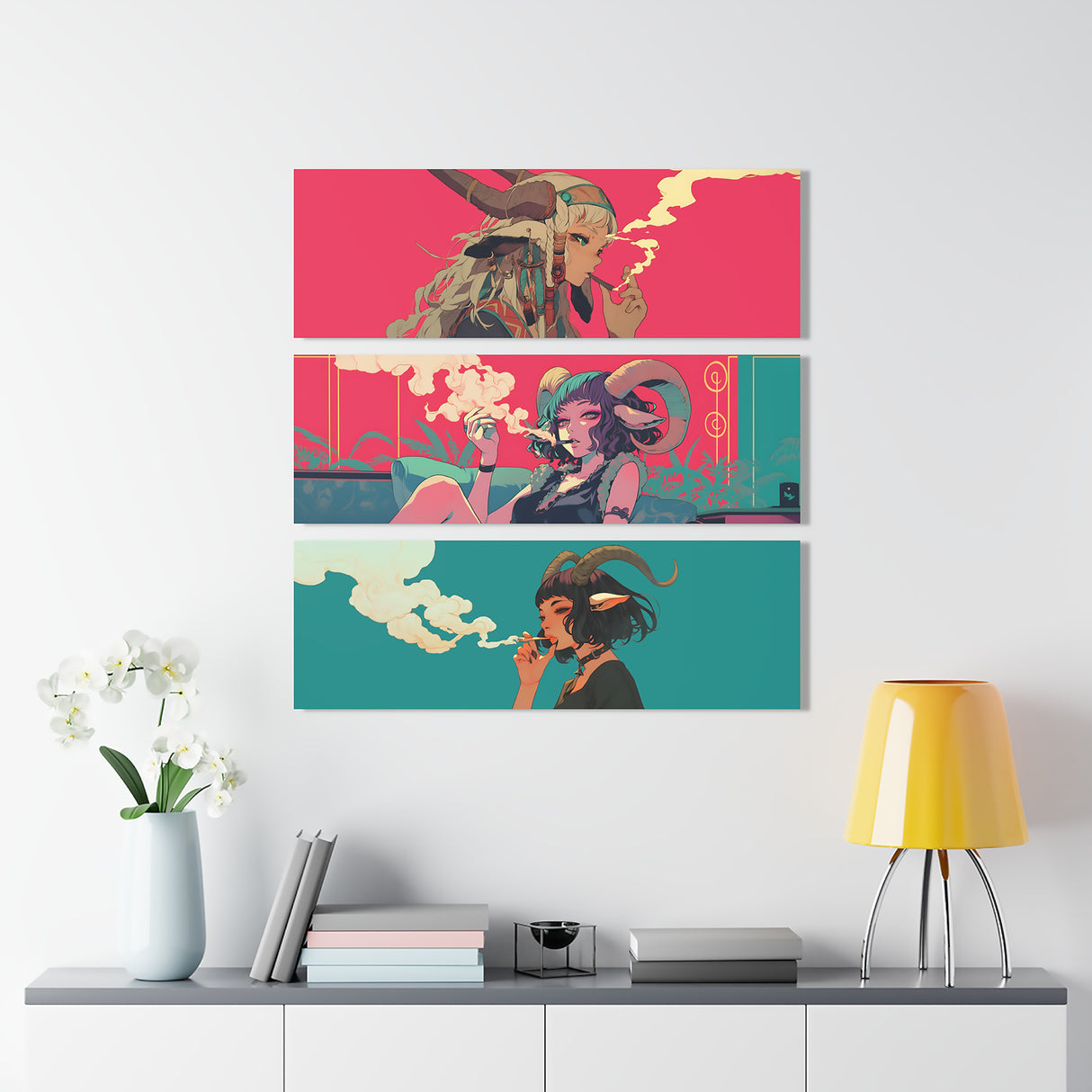 Anime Goat Girl Getting Stoned Triptych Acrylic Prints – Stoner Wall Art