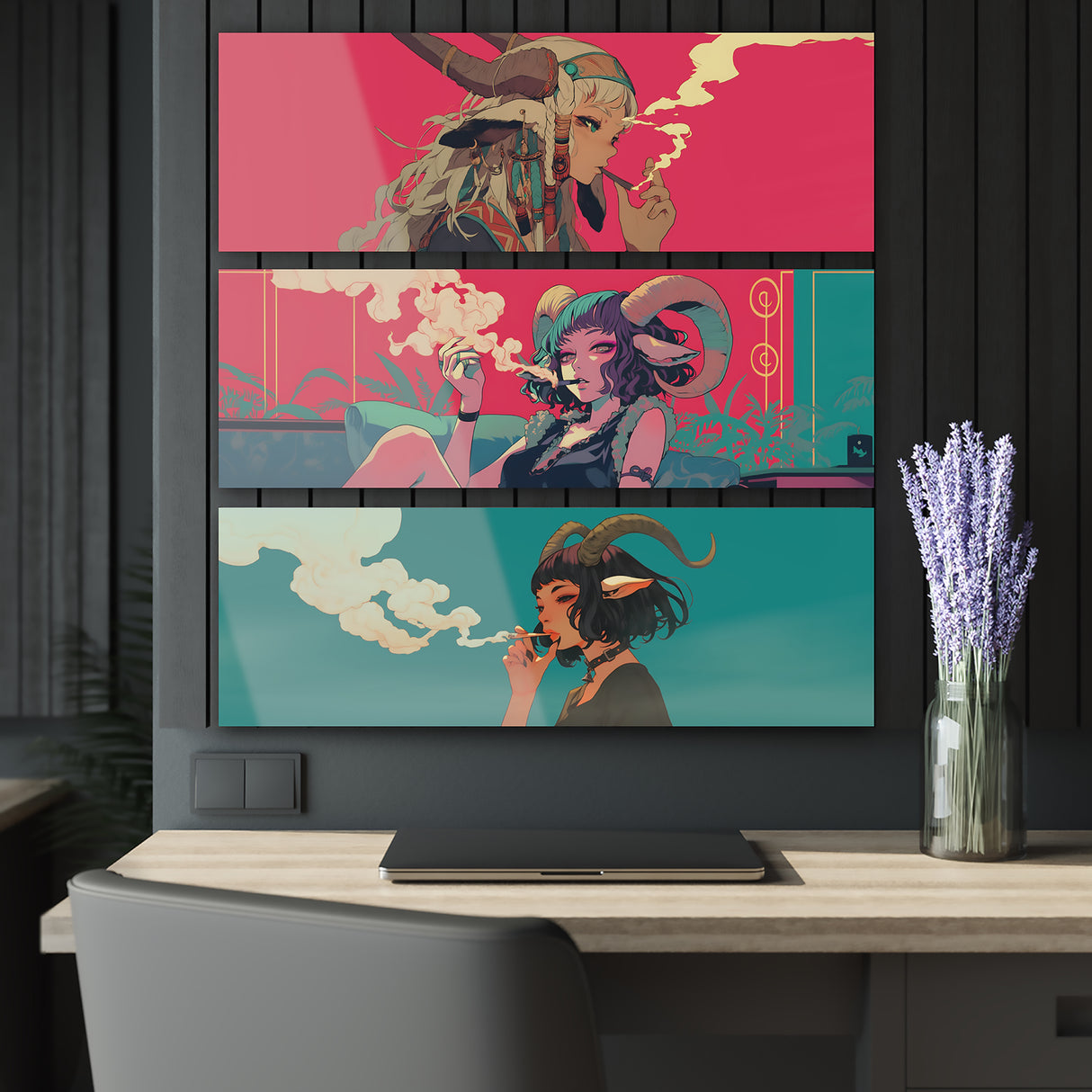 Anime Goat Girl Getting Stoned Triptych Acrylic Prints – Stoner Wall Art