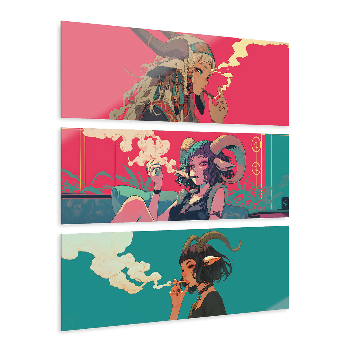 Anime Goat Girl Getting Stoned Triptych Acrylic Prints – Stoner Wall Art